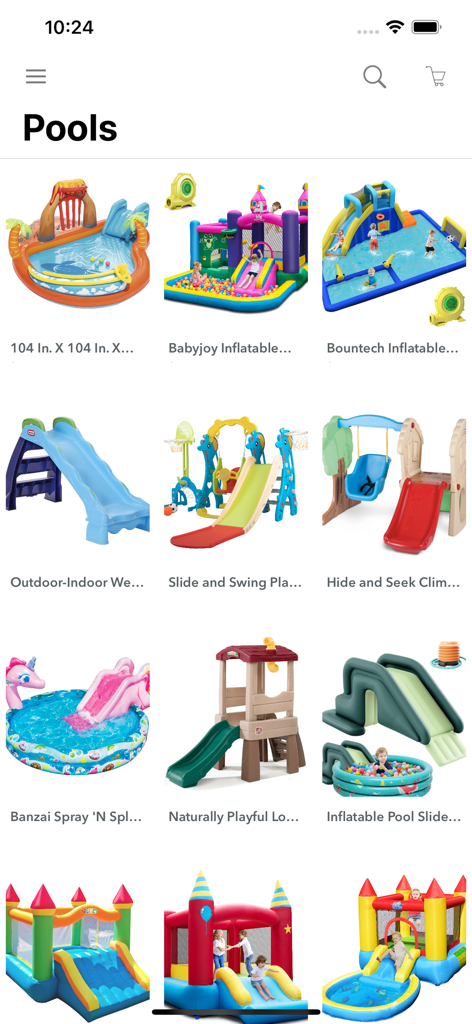 Cheap Toys Store Online - Una pantalla de aplicación móvil que muestra una colección de piscinas inflables asequibles, casas de rebote y toboganes de juego para exteriores para niños.