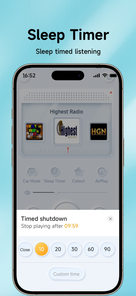 Radio App - FM Radio Stations - Sleep-Timer-Funktion in der Radio App FM Radio Stations für zeitgesteuertes Hören