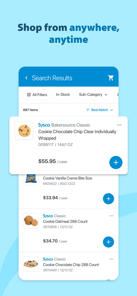 Interface de l'application mobile Sysco Shop affichant une recherche de produits pour des cookies en gros avec les prix au cas.