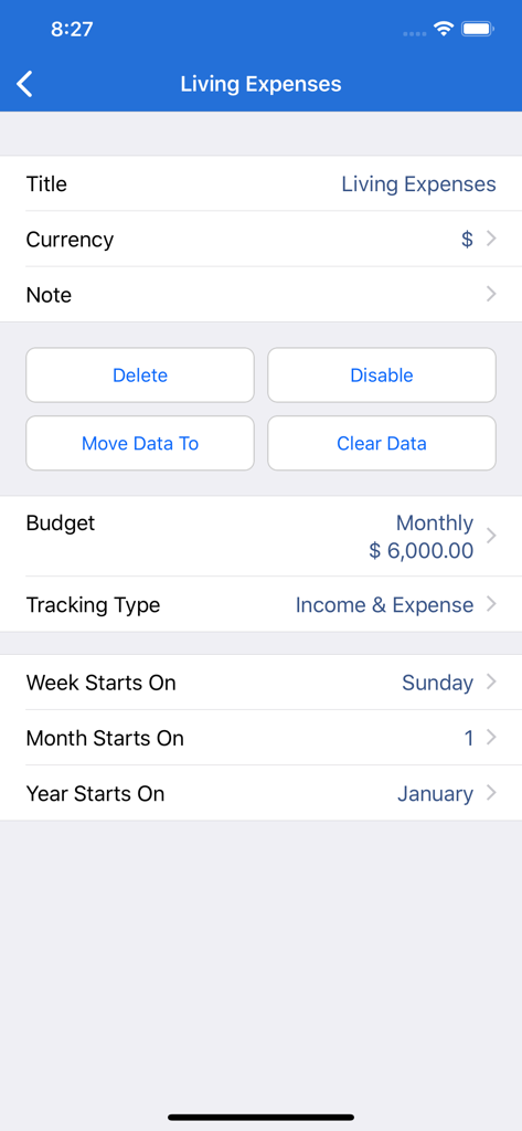 Settings screen for living expenses in MoneyBook Pro showing budget and currency configurations