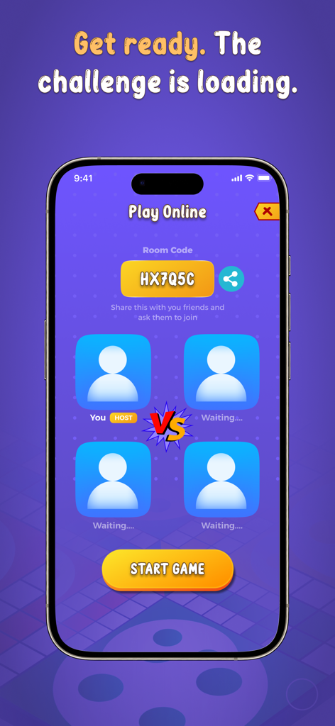 Ludo Voice - Lobby de juego en línea de Ludo Voice que muestra un código de sala compartible y espacios para jugadores.