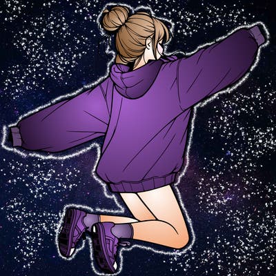 realistic girl jumping with a bun and oversized sweatshirt