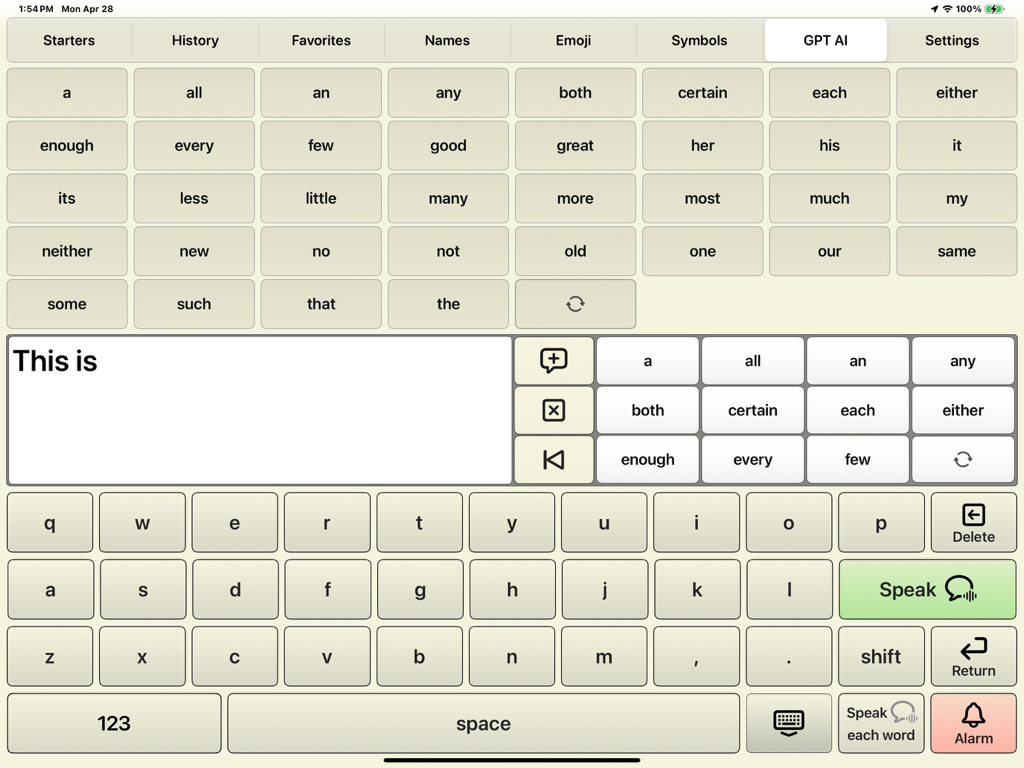 AI Communicator - iPad interface of the AI Communicator AAC app showing word selection grids a QWERTY keyboard and speech buttons