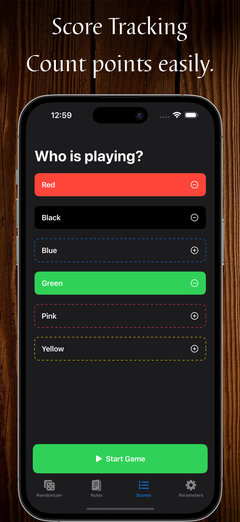 Cassonade - Cassonade app interface showing player color selection for board game score tracking