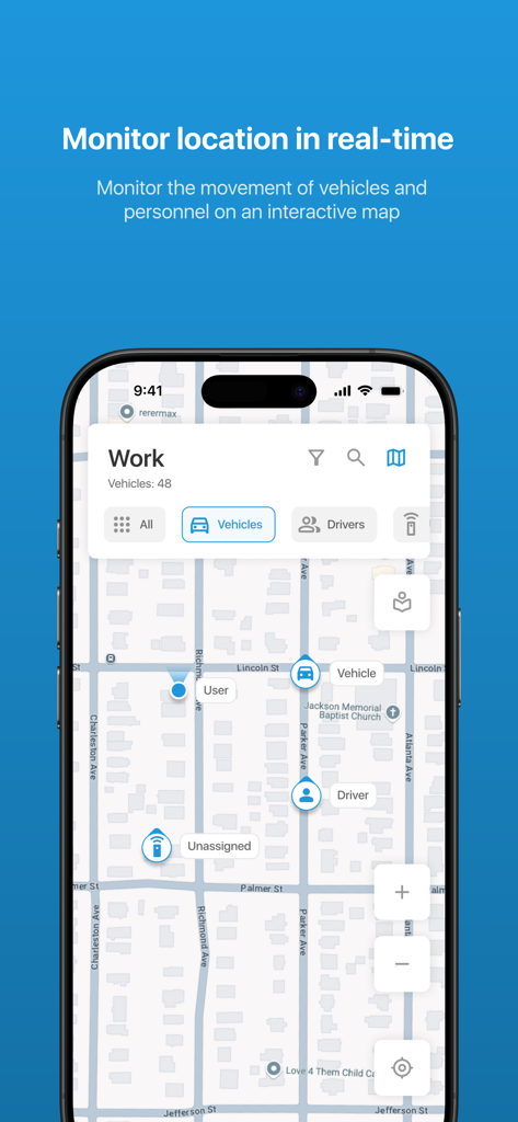 X-GPS Mobile - Interfaz de X-GPS Mobile mostrando seguimiento de ubicación en tiempo real para vehículos y conductores en un mapa interactivo.
