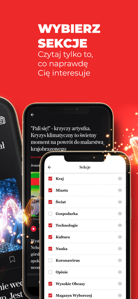 WYBORCZA: fakty, newsy, opinie - Wyborczaアプリ画面、世界ニュース、科学、文化などのさまざまなトピックのチェックボックスでパーソナライズされたニュースカテゴリの選択を表示