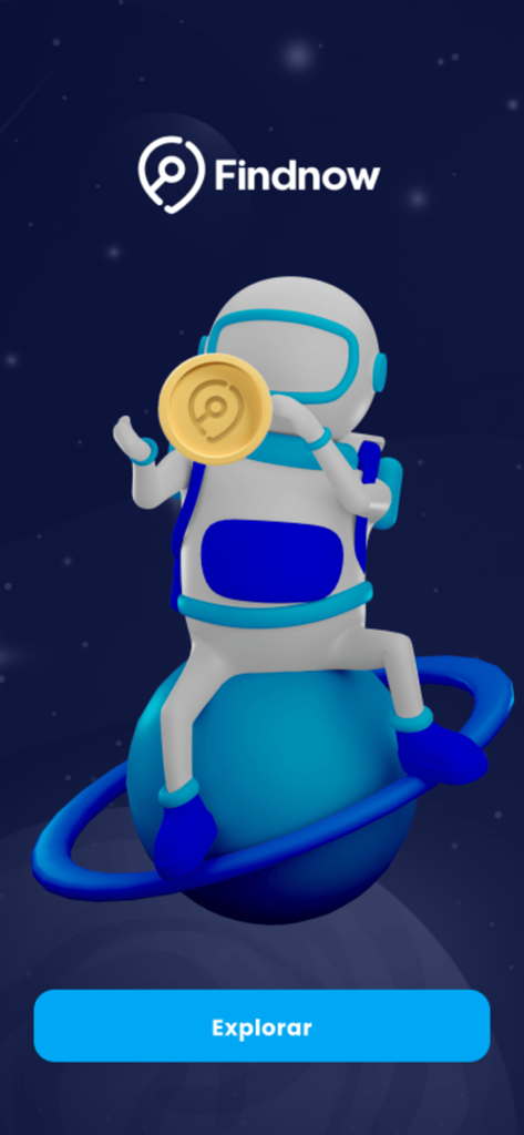 Findnow - Findnow app splash screen with an astronaut mascot holding a gold cashback coin while sitting on a planet