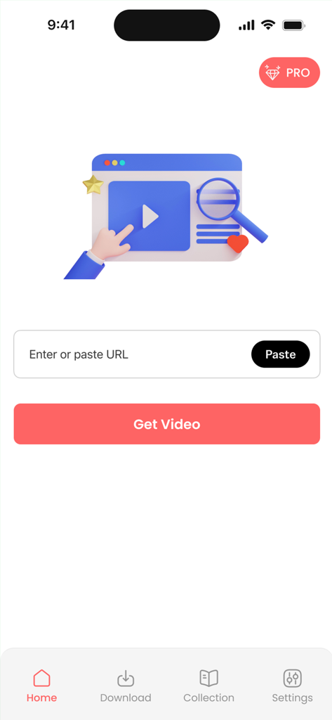 Snaptik : Video Saver - Snaptik app home screen featuring a URL input field and a Get Video button for downloading social media content