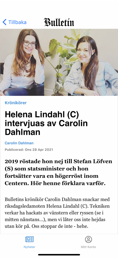 Interface do aplicativo de notícias Bulletin mostrando um artigo de entrevista com duas mulheres.