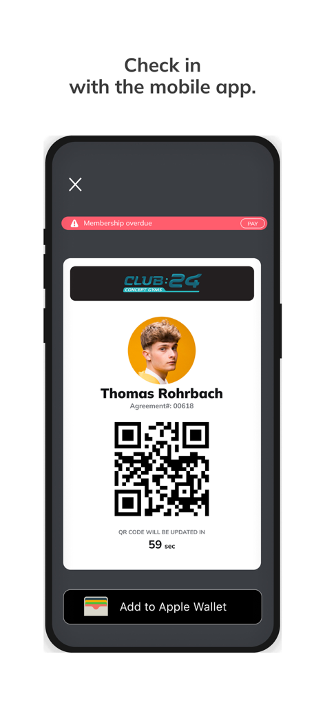Club 24 Concept Gyms Online - Digital membership pass with QR code and check-in feature on the Club 24 Concept Gyms mobile app