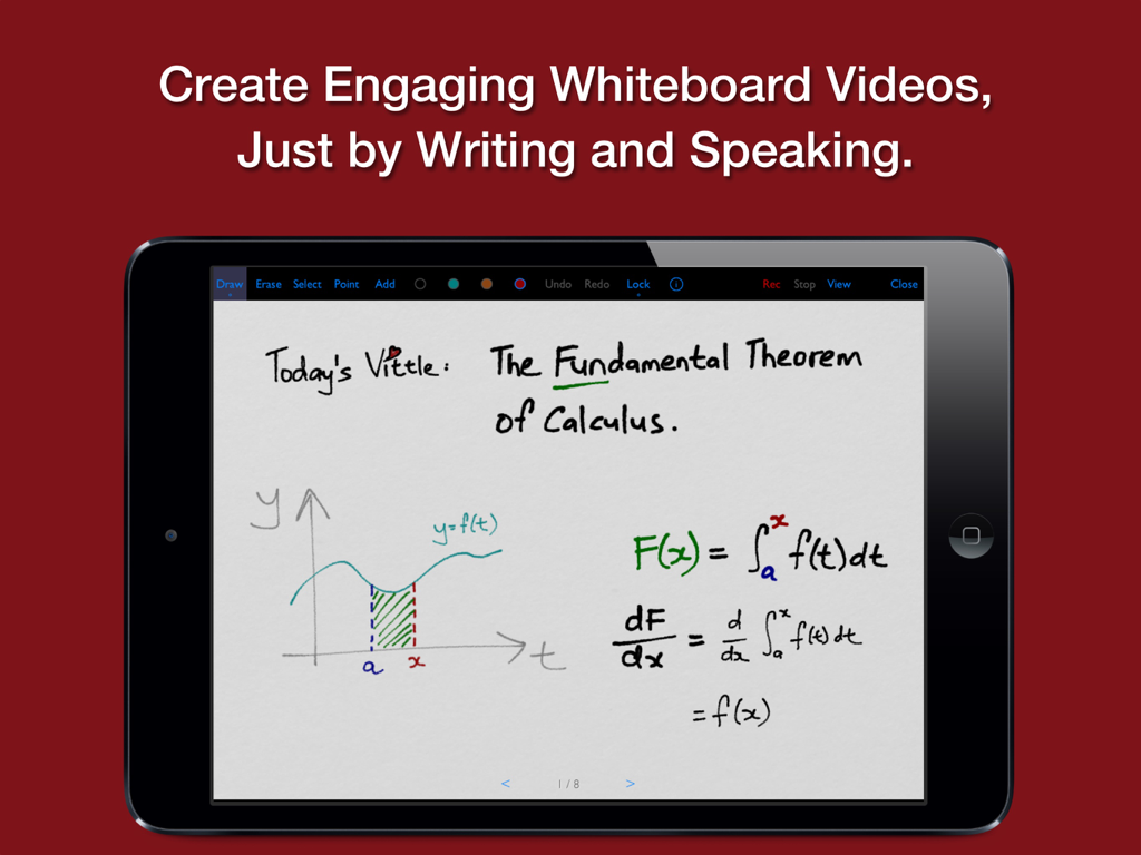 Vittle Pro Video Whiteboard - iPad screen showing Vittle Pro app with a hand-drawn calculus lesson on a digital whiteboard