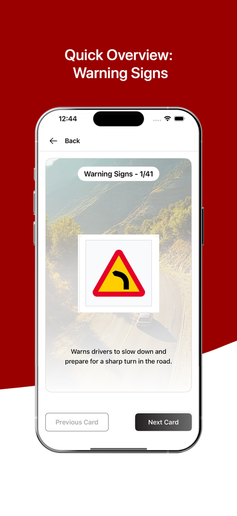 Flashcard overview of road warning signs in the Spanish driving license test app