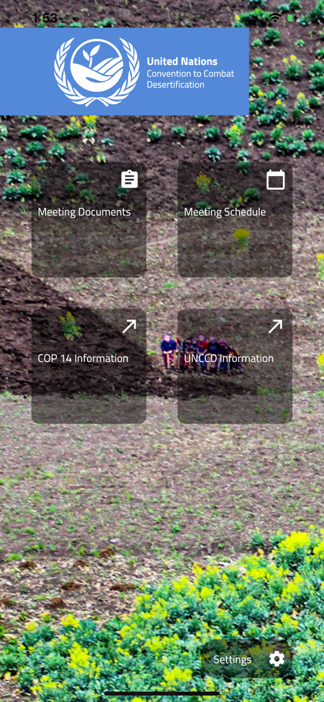 Pantalla de inicio de la aplicación Conferencia UNCCD con accesos directos a documentos de reuniones, horario e información de la conferencia.