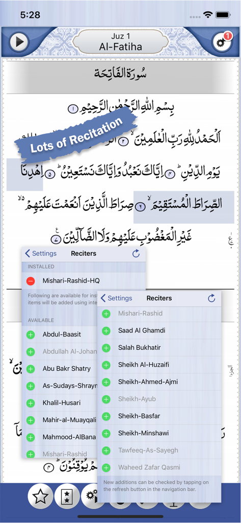 Quran Explorer app interface showing a list of famous Quran reciters for audio playback