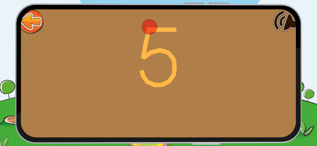 Trace draw letters and numbers - A mobile app screen showing a guided path for tracing the number five