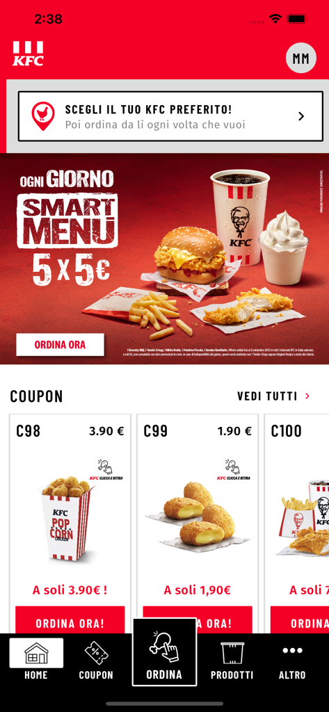 L'écran d'accueil de l'application KFC Italia présentant une promotion Smart Menu à 5 euros et divers coupons de réduction pour des produits de poulet frit.