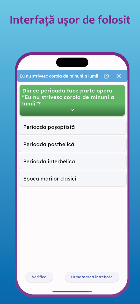 A mobile screen showing an interactive multiple choice quiz for the Romanian Baccalaureate exam.