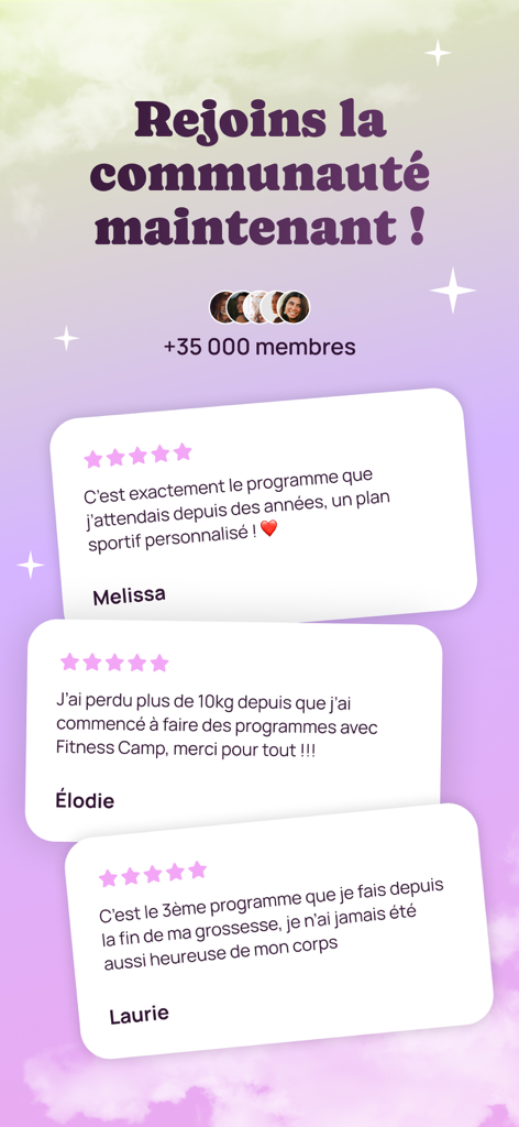 Three positive customer reviews and testimonials from women using the Fitness Camp app