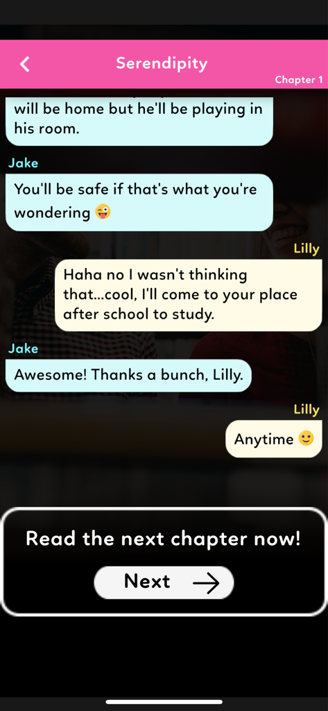 A mobile screen showing an interactive chat story conversation between two characters named Jake and Lilly.