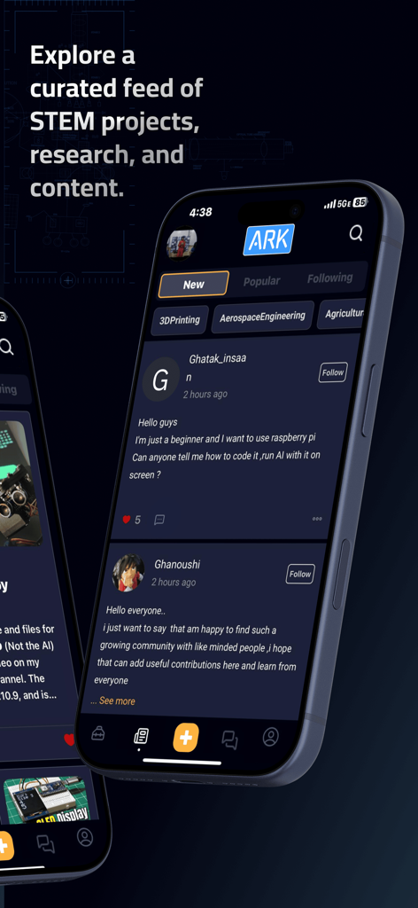 ARK - Community Hub for STEM - Mobile app interface of ARK STEM showing a curated feed of STEM projects and user discussions.