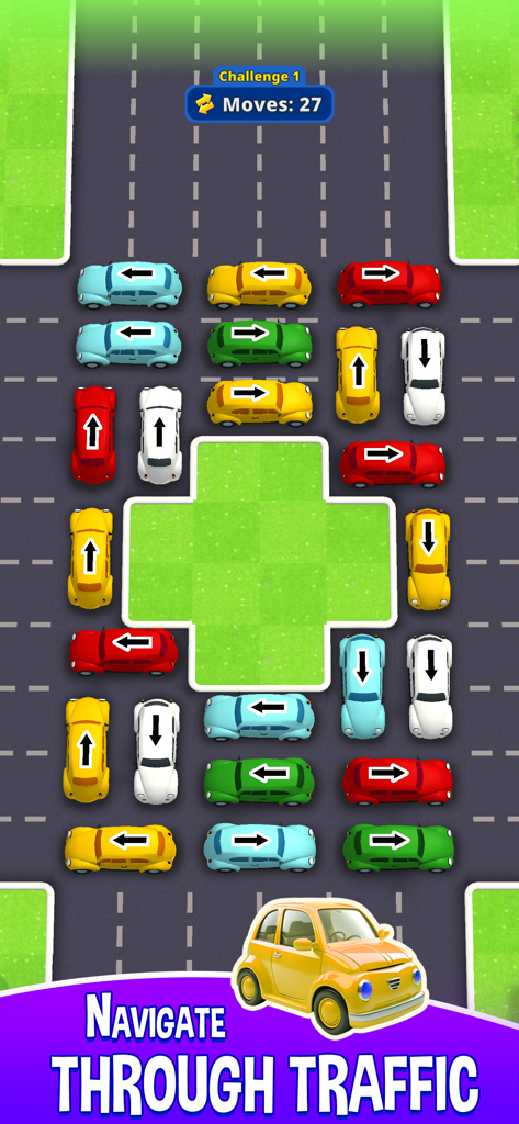 Traffic Go! Car Escape - Vista de pájaro de coches de colores con flechas de movimiento en un atasco de tráfico puzle de lógica.