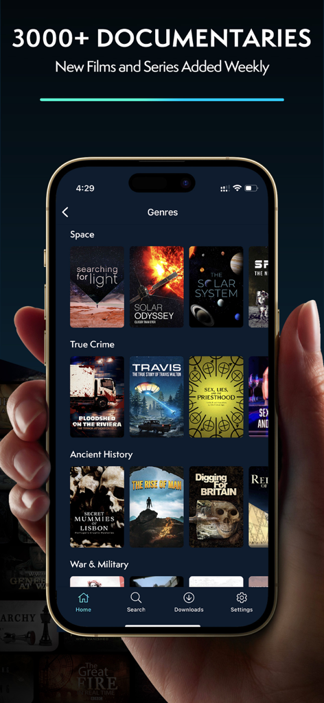 MagellanTV Documentaries - Interfaz de la aplicación móvil MagellanTV mostrando géneros de documentales como Espacio, Crimen Real e Historia Antigua.