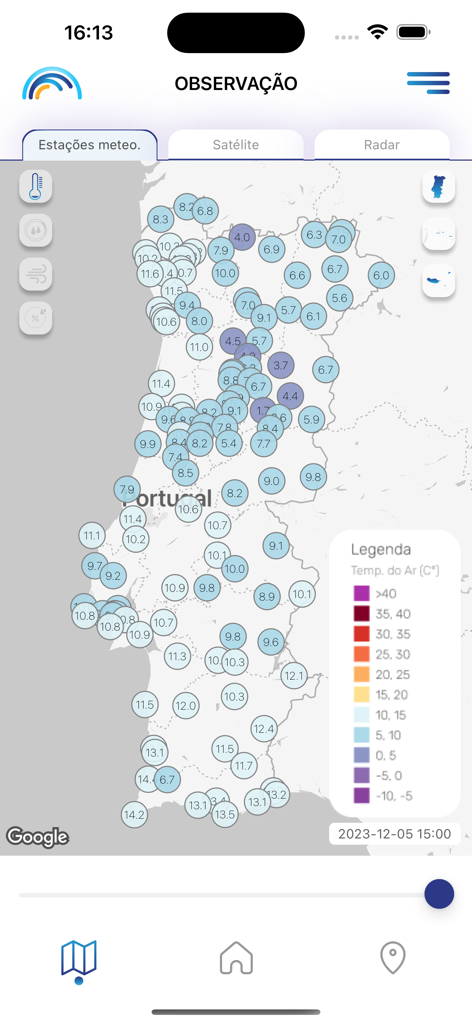 Meteo IPMA - Map of Portugal in the Meteo IPMA app showing air temperature observations from various weather stations.