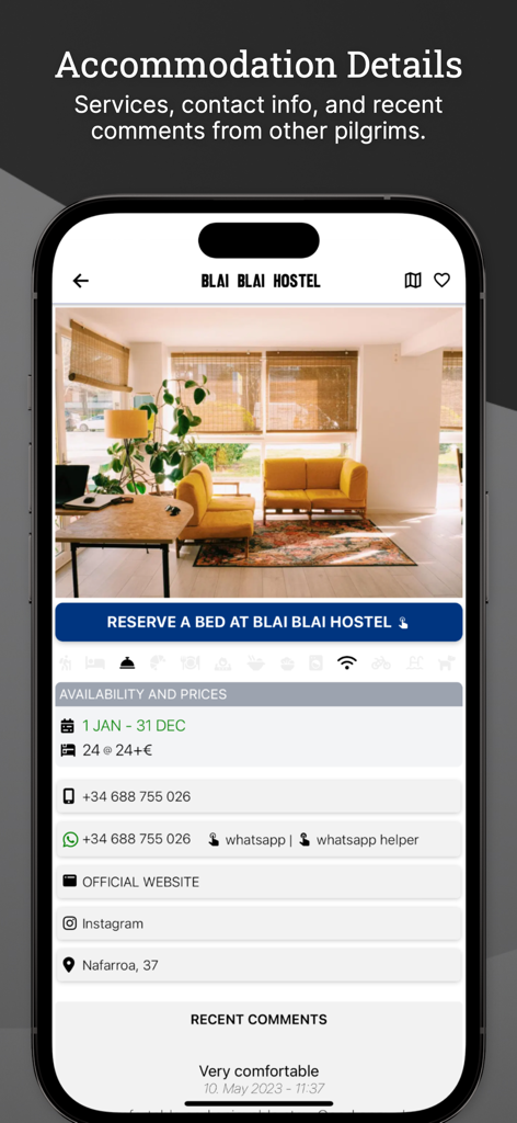 Wise Pilgrim Camino del Norte - Wise Pilgrim app showing accommodation details for a hostel including photos booking info and recent pilgrim comments