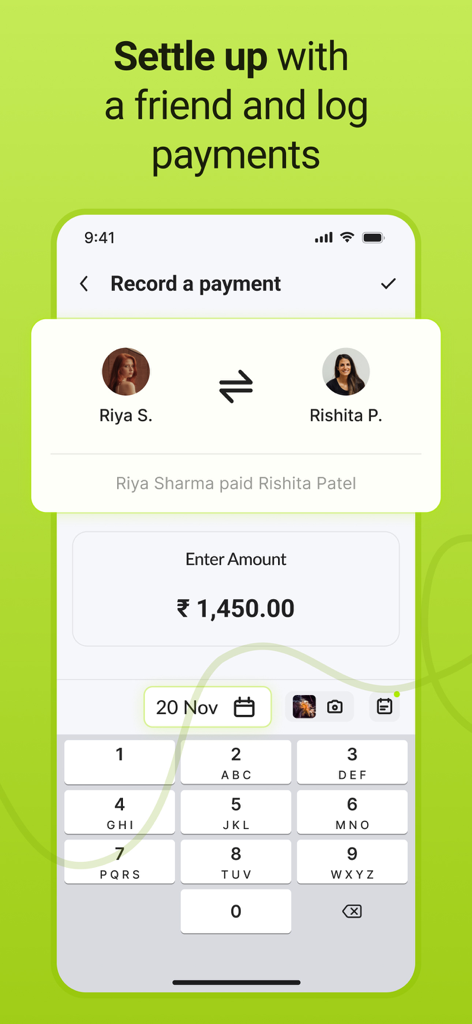 Settle up & Split rent: Splito - Una pantalla que muestra el proceso de registro de un pago para saldar deudas con un amigo en la aplicación Splito.