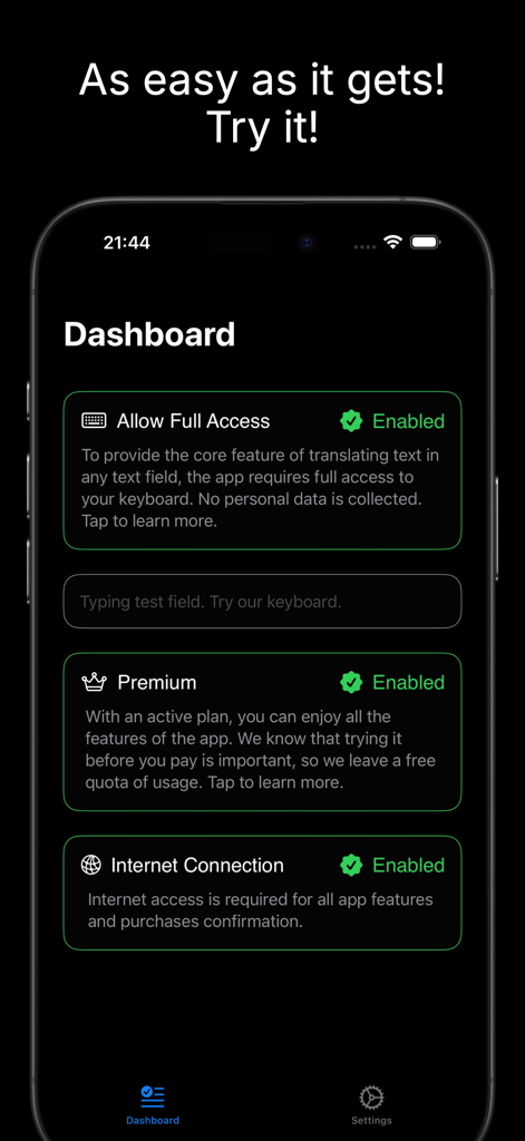 KeyChat: Translate on Keyboard - KeyChatアプリのダッシュボードに、有効化されたキーボードアクセスとプレミアム機能が表示されています