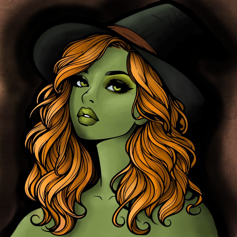 realistic witch girl with wavy hair and lips
