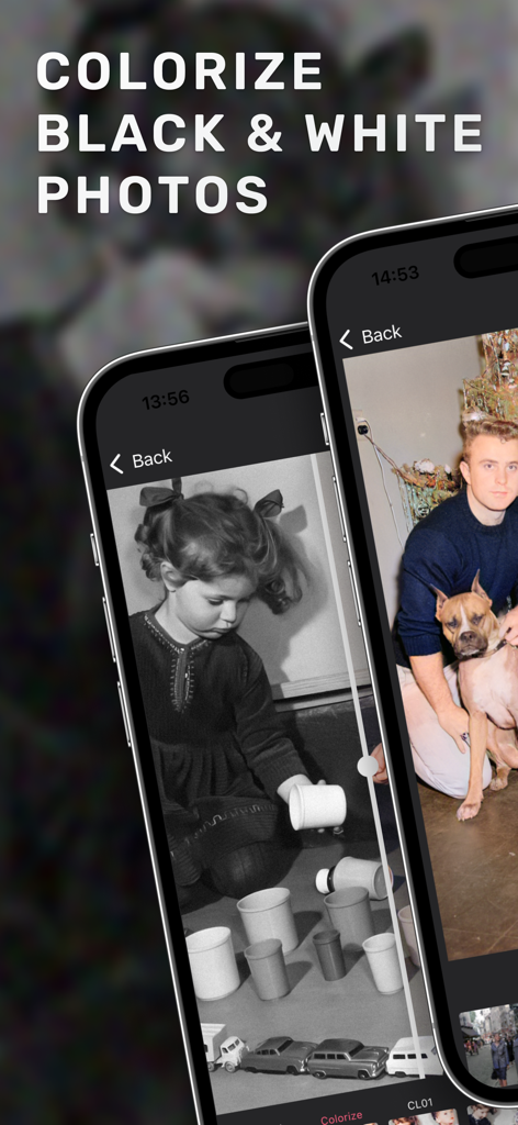 Photo Scan & Colorize - Raven - Two mobile phone screens demonstrating the Raven app colorizing black and white vintage family photos