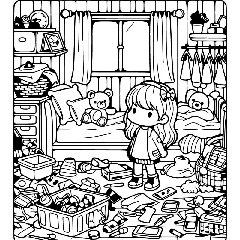 girl in messy room looking at objects cartoon