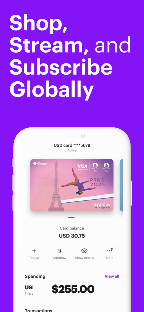 Chipper Cash - Interfaccia dell'app Chipper Cash che mostra una carta virtuale Visa USD per pagamenti globali e abbonamenti