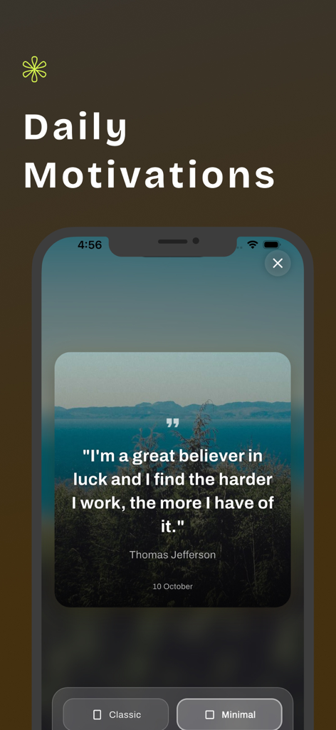 A smartphone screen displaying a daily motivational quote by Thomas Jefferson over a scenic landscape background.