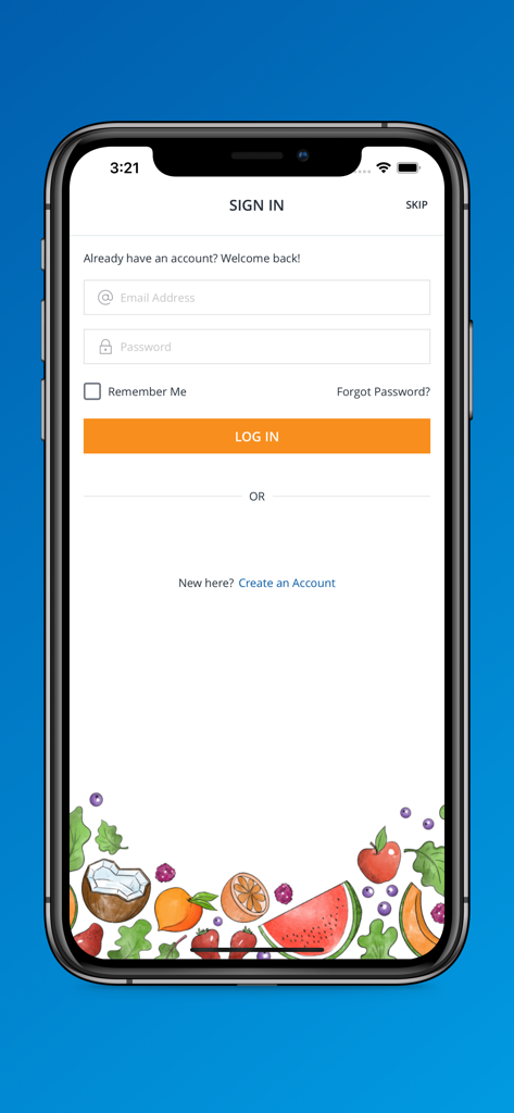 Al Jazira - Al Jazira grocery app sign in page with email and password fields and fruit illustrations