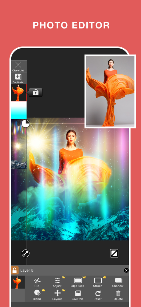 Superimpose+:Background Eraser - Mobile photo editor interface showing image layering and background replacement of a woman onto a mountain landscape