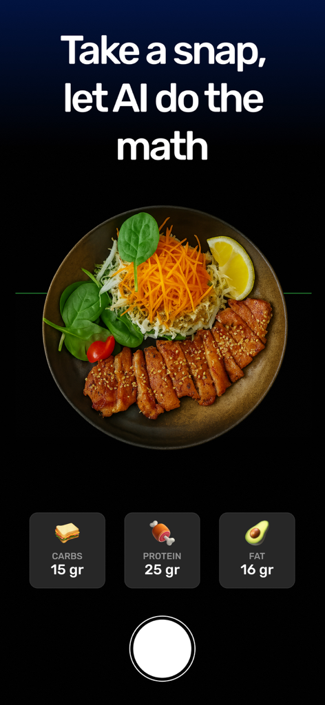 Optimeal: AI Calorie Counter - Pantalla de la aplicación Optimeal que muestra el reconocimiento de alimentos con IA con desglose de proteínas, carbohidratos y grasas