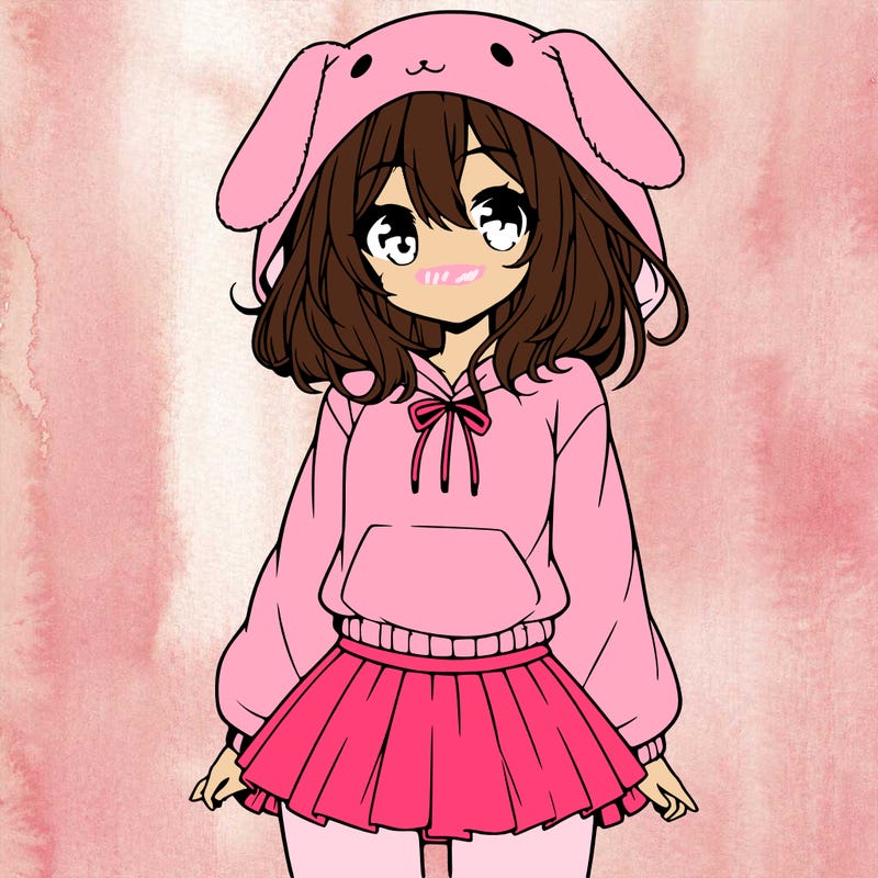 pretty anime girl wearing a fluffy hoodie with bunny ears on the hood and a skirt