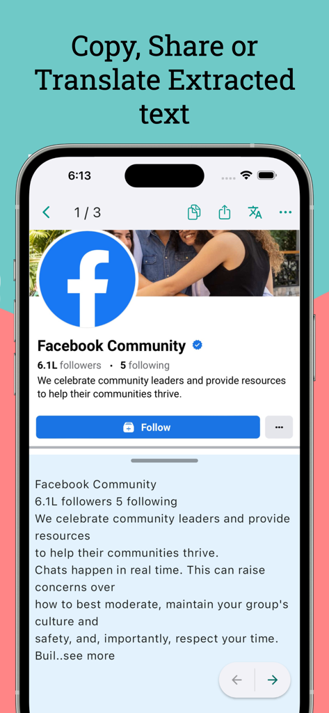 Copy Text On Screen - Screenshot of the Copy Text On Screen app extracting and translating text from a Facebook profile page.
