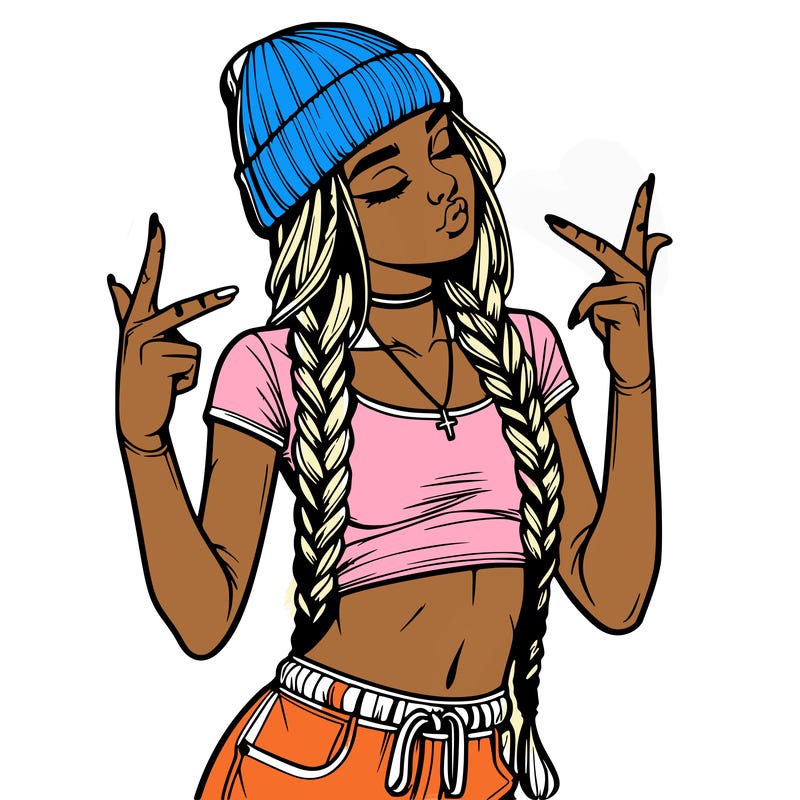 realistic teenage girl with braids and a beanie and crop top doing 🫶🏼