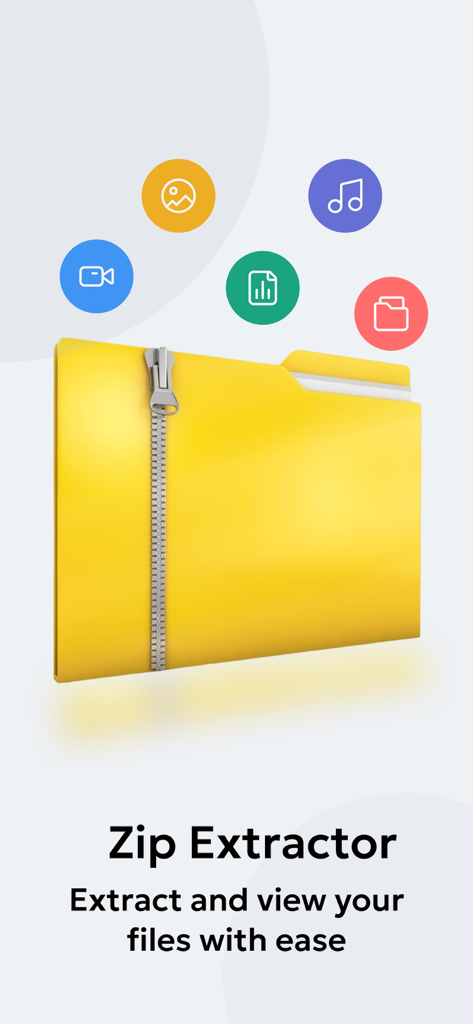 Zip & Unzip Files - Extractor - Interfaz de la aplicación Zip Extractor con una carpeta amarilla con cremallera e iconos para archivos de video, foto, música y documentos
