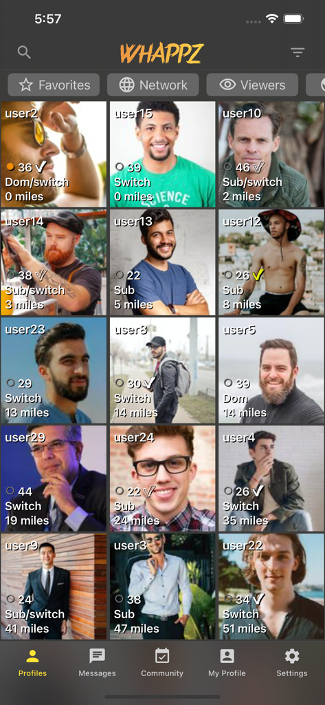 Whappz - Whappz app interface showing a grid of nearby user profiles with kink roles and verification checkmarks