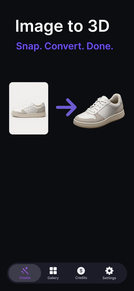 2Dスニーカー写真が3Dモデルに変換されていることを示す3DモデリングAIアプリのインターフェイス。