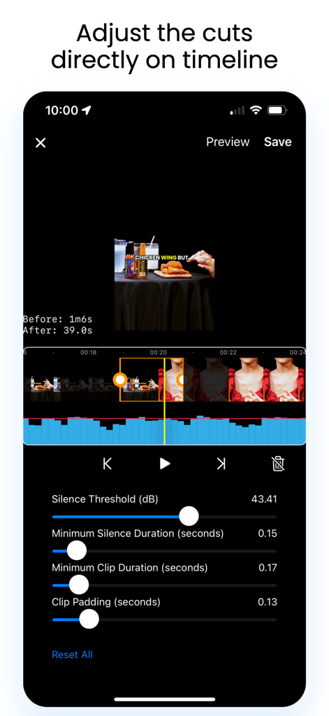 Mobile interface showing video timeline editing with silence threshold and padding adjustments