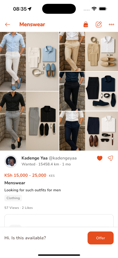 Nikela app interface showing a wanted request for men's smart casual outfits with price range and chat options