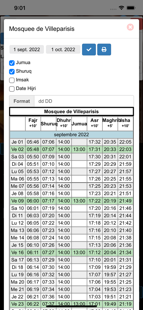 A monthly prayer schedule displayed within the Awqat app for a specific mosque