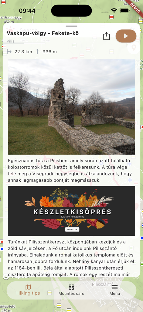 Mountex - Mountex app interface displaying a hiking route description for Vaskapu-volgy featuring stone ruins and trail statistics