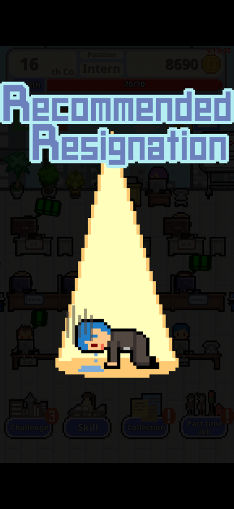 Un personaje becario pixel art llorando en un foco en una pantalla que dice Renuncia recomendada