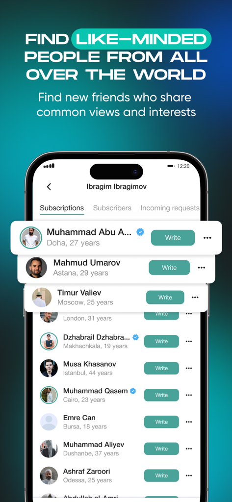 Interfaccia dell'app Umma Life che mostra un elenco di utenti globali di diverse città con cui connettersi sul social network islamico.